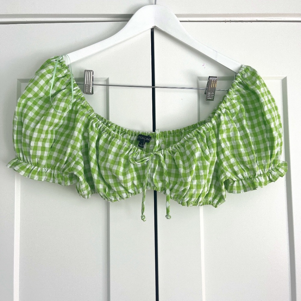Green and White Checkered Milkmaid Crop Top